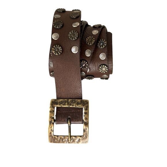 Vintage Leather Embellished with Hammered Brass Buckle Belt Women\'s Brown main image 2